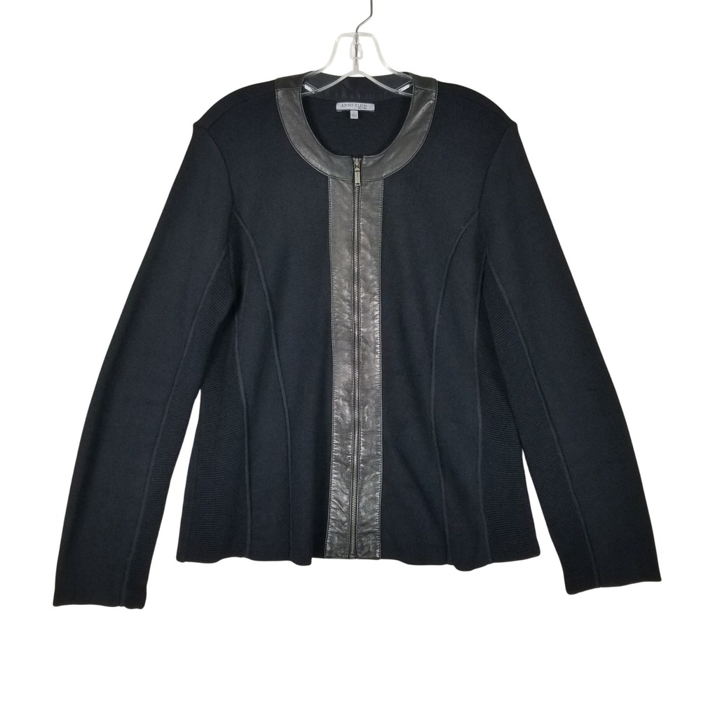 Anne Klein Skirt Suit Women Large Black Faux Leather Trim Ribbed Knit Zip Jacket